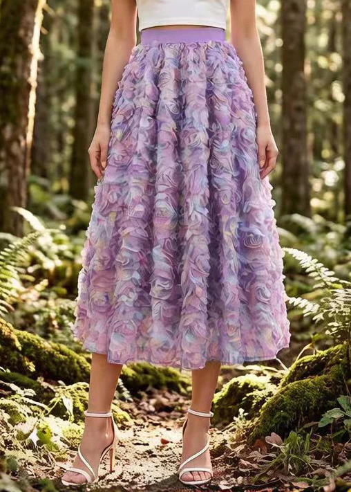 Gradient Purple Floral Elastic Waist Tulle Holiday Skirt Spring - Image 4