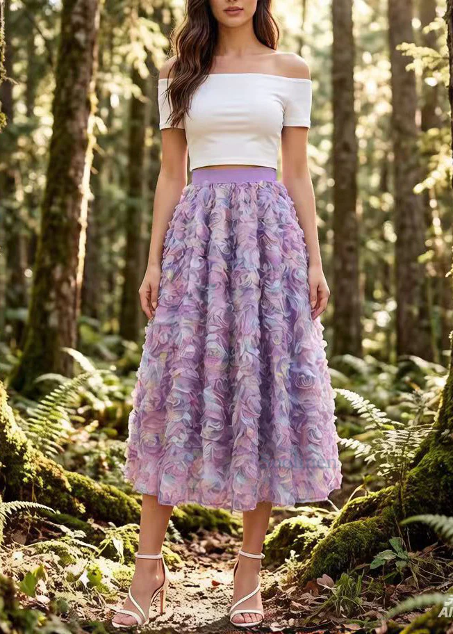 Gradient Purple Floral Elastic Waist Tulle Holiday Skirt Spring - Image 5