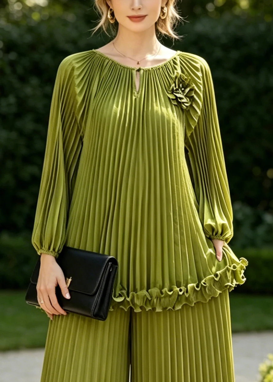 Grass Green Draping Chiffon Two Piece Set Women Clothing Wrinkled Spring - Image 2