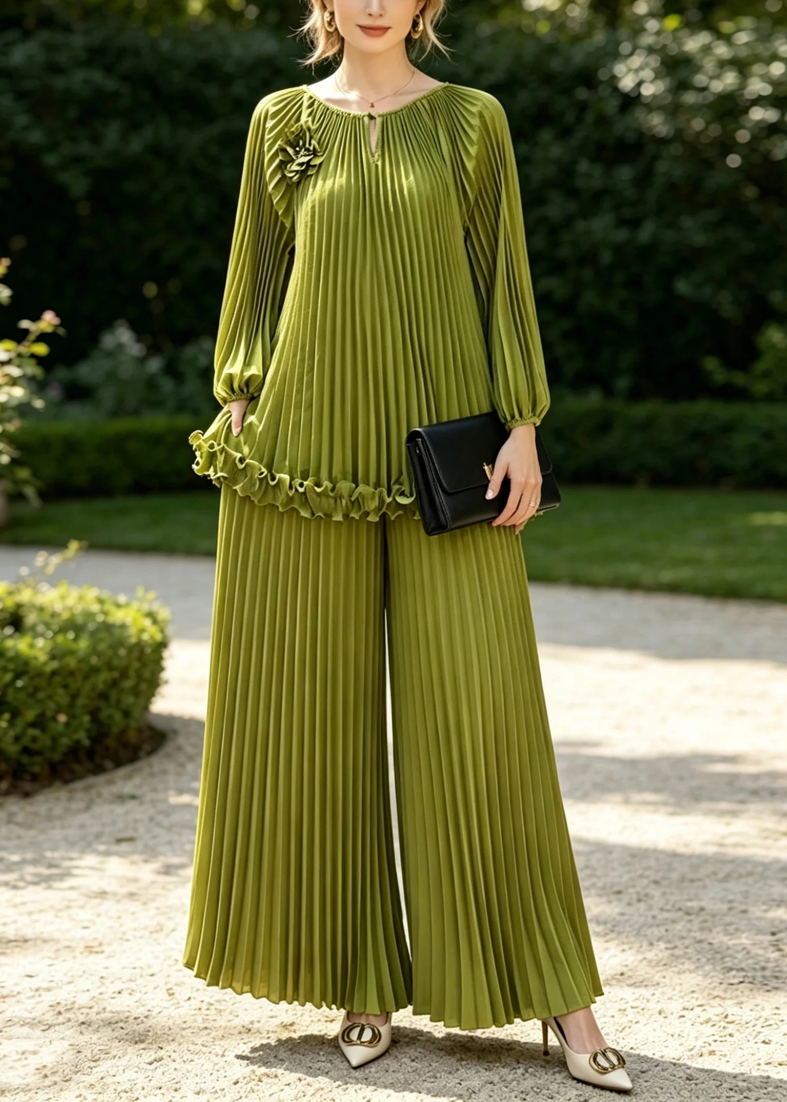 Grass Green Draping Chiffon Two Piece Set Women Clothing Wrinkled Spring - Image 3