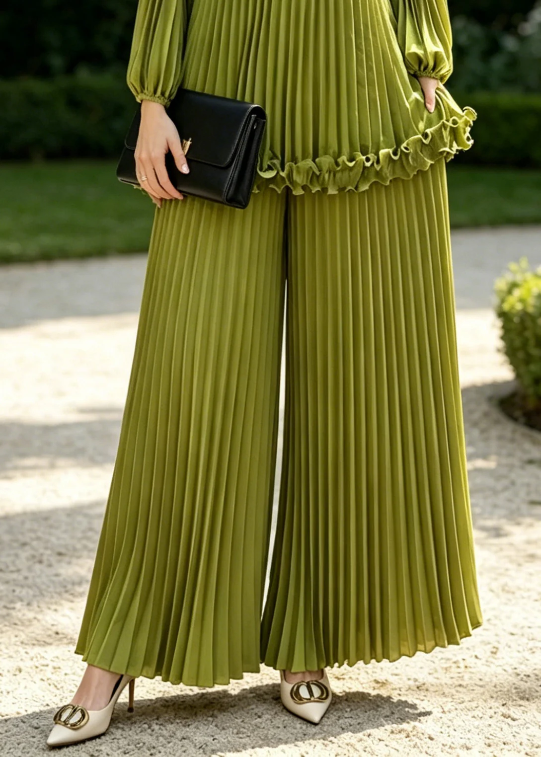 Grass Green Draping Chiffon Two Piece Set Women Clothing Wrinkled Spring - Image 4