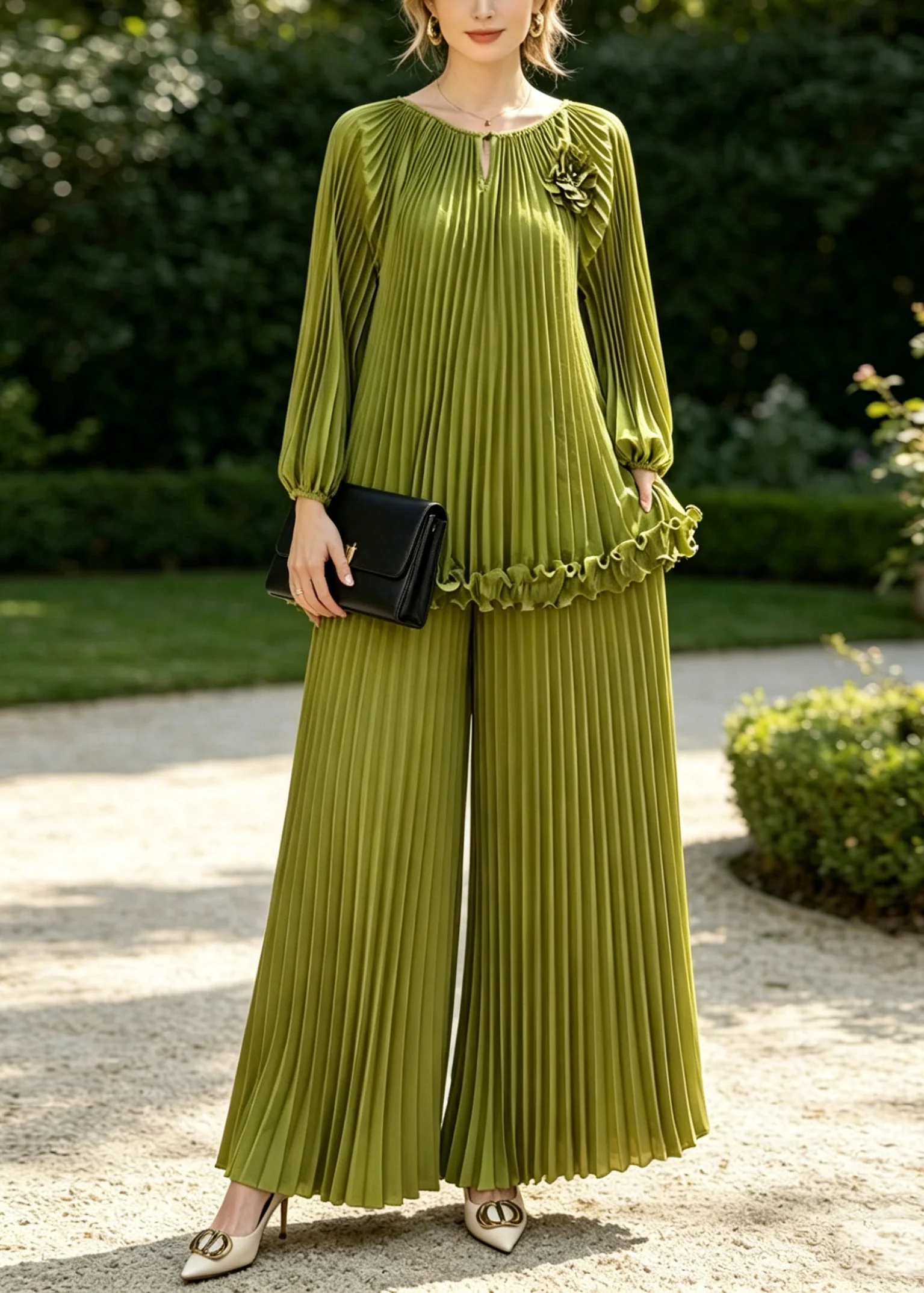 Grass Green Draping Chiffon Two Piece Set Women Clothing Wrinkled Spring - Image 5