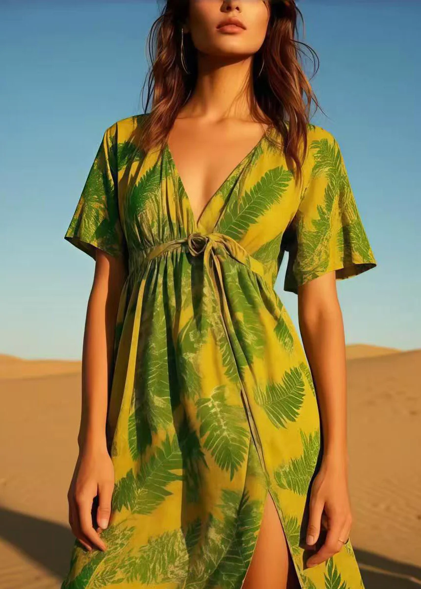 Grass Green Leaf Print Cotton Dress Asymmetrical Design Summer - Image 2