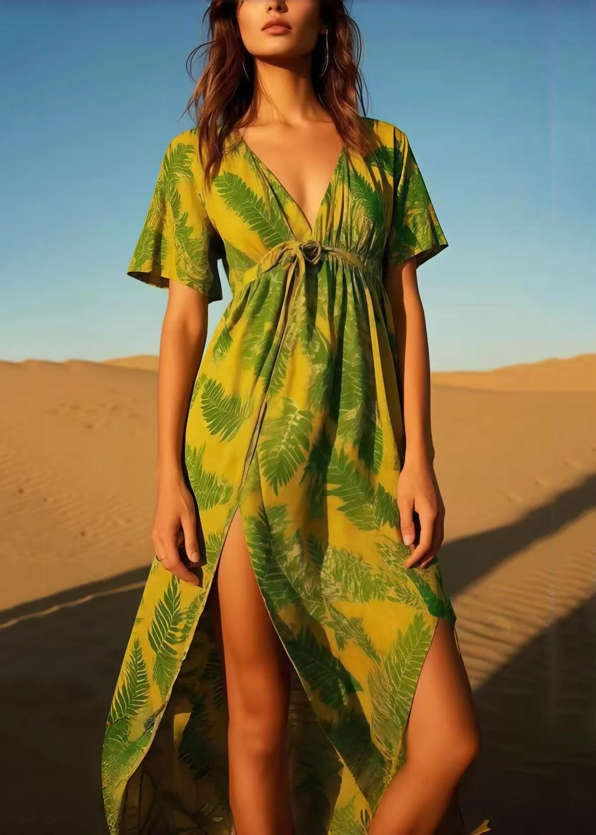 Grass Green Leaf Print Cotton Dress Asymmetrical Design Summer - Image 3