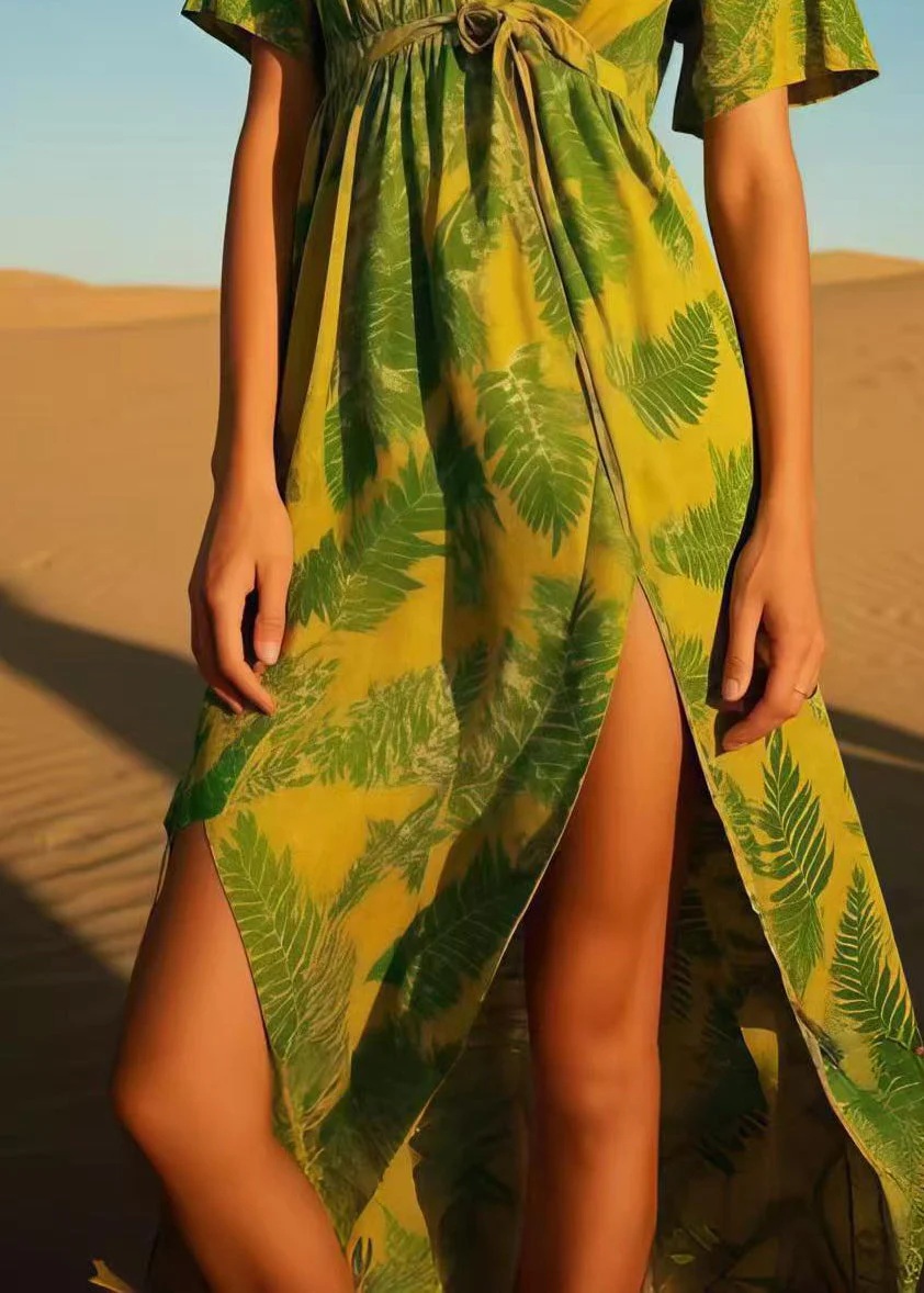 Grass Green Leaf Print Cotton Dress Asymmetrical Design Summer - Image 4