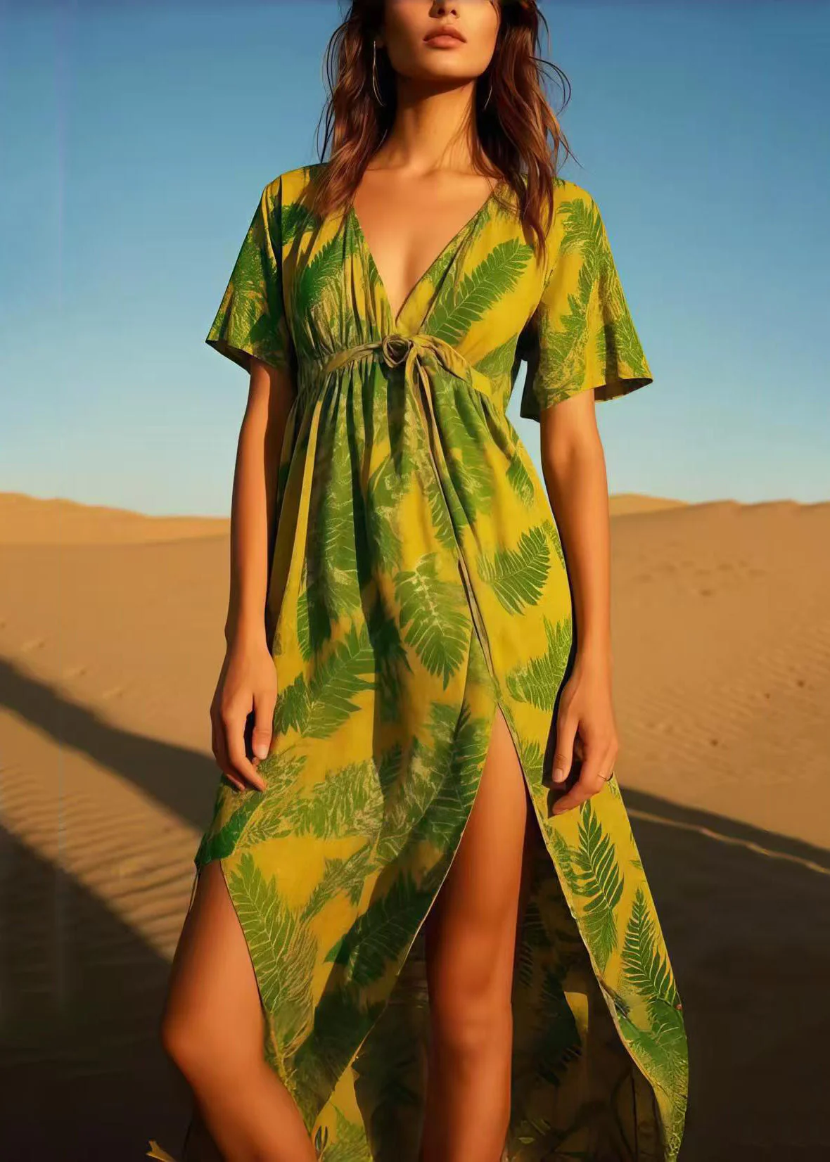 Grass Green Leaf Print Cotton Dress Asymmetrical Design Summer - Image 5