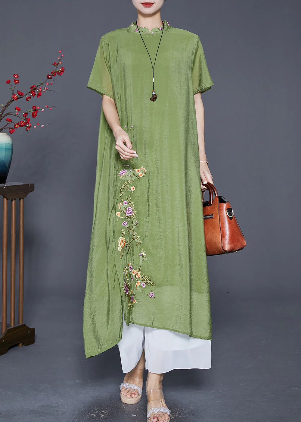 Grass Green Linen Silk Holiday Dress Embroideried Mandarin Collar Summer - Image 2