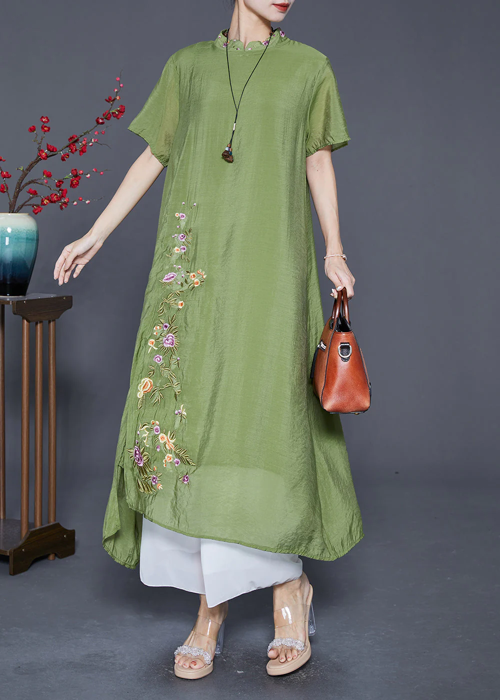 Grass Green Linen Silk Holiday Dress Embroideried Mandarin Collar Summer - Image 3
