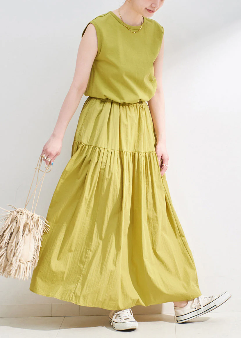 Grass Green Patchwork Cotton Long Dress Drawstring Sleeveless - Image 2