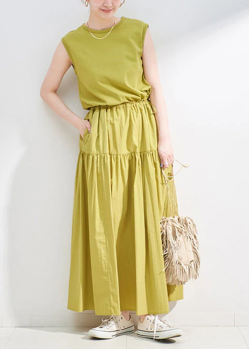 Grass Green Patchwork Cotton Long Dress Drawstring Sleeveless - Image 3