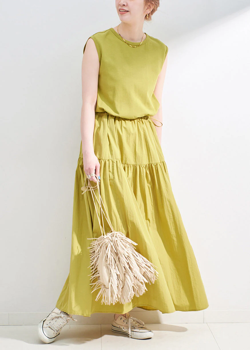 Grass Green Patchwork Cotton Long Dress Drawstring Sleeveless - Image 4