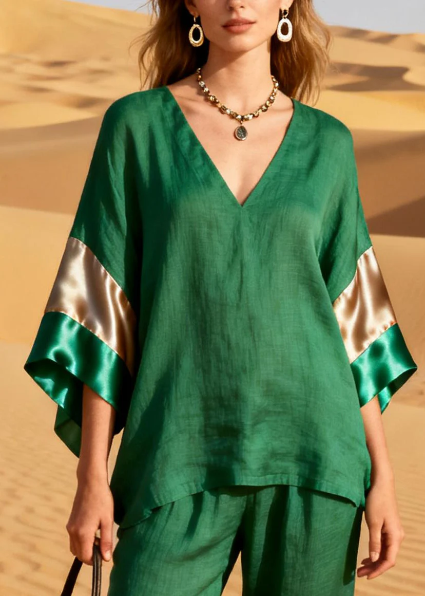 Grass Green Patchwork Linen Silk Two Pieces Set V Neck Summer - Image 2