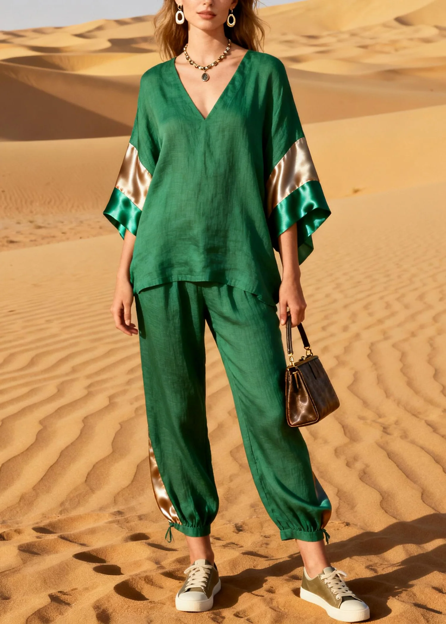 Grass Green Patchwork Linen Silk Two Pieces Set V Neck Summer - Image 3