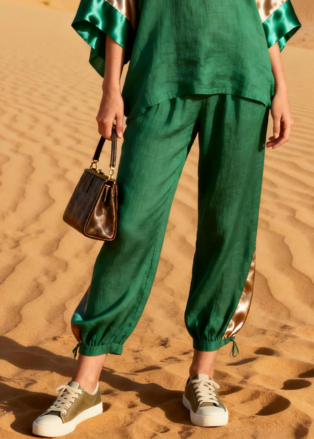 Grass Green Patchwork Linen Silk Two Pieces Set V Neck Summer - Image 4