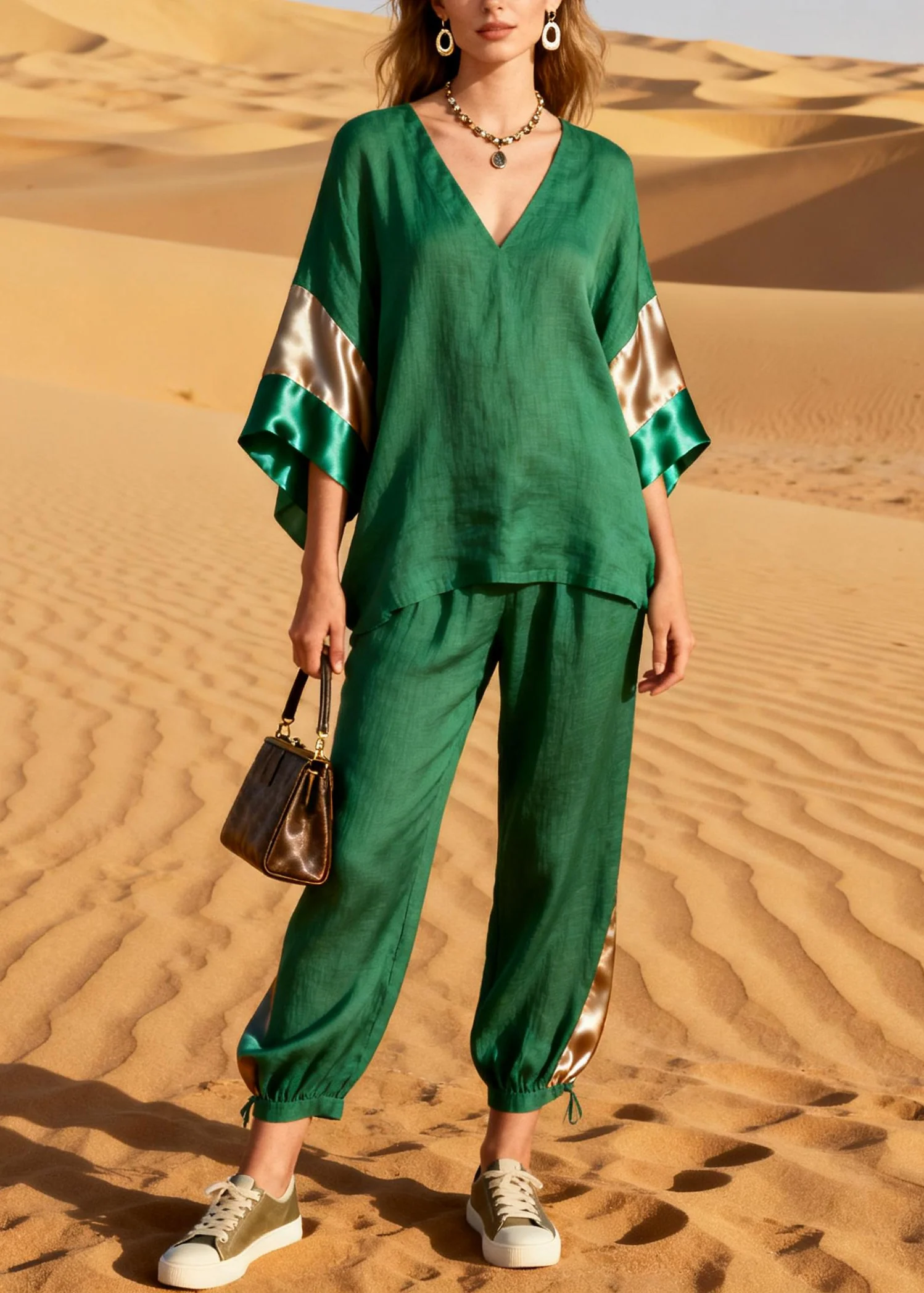 Grass Green Patchwork Linen Silk Two Pieces Set V Neck Summer - Image 5