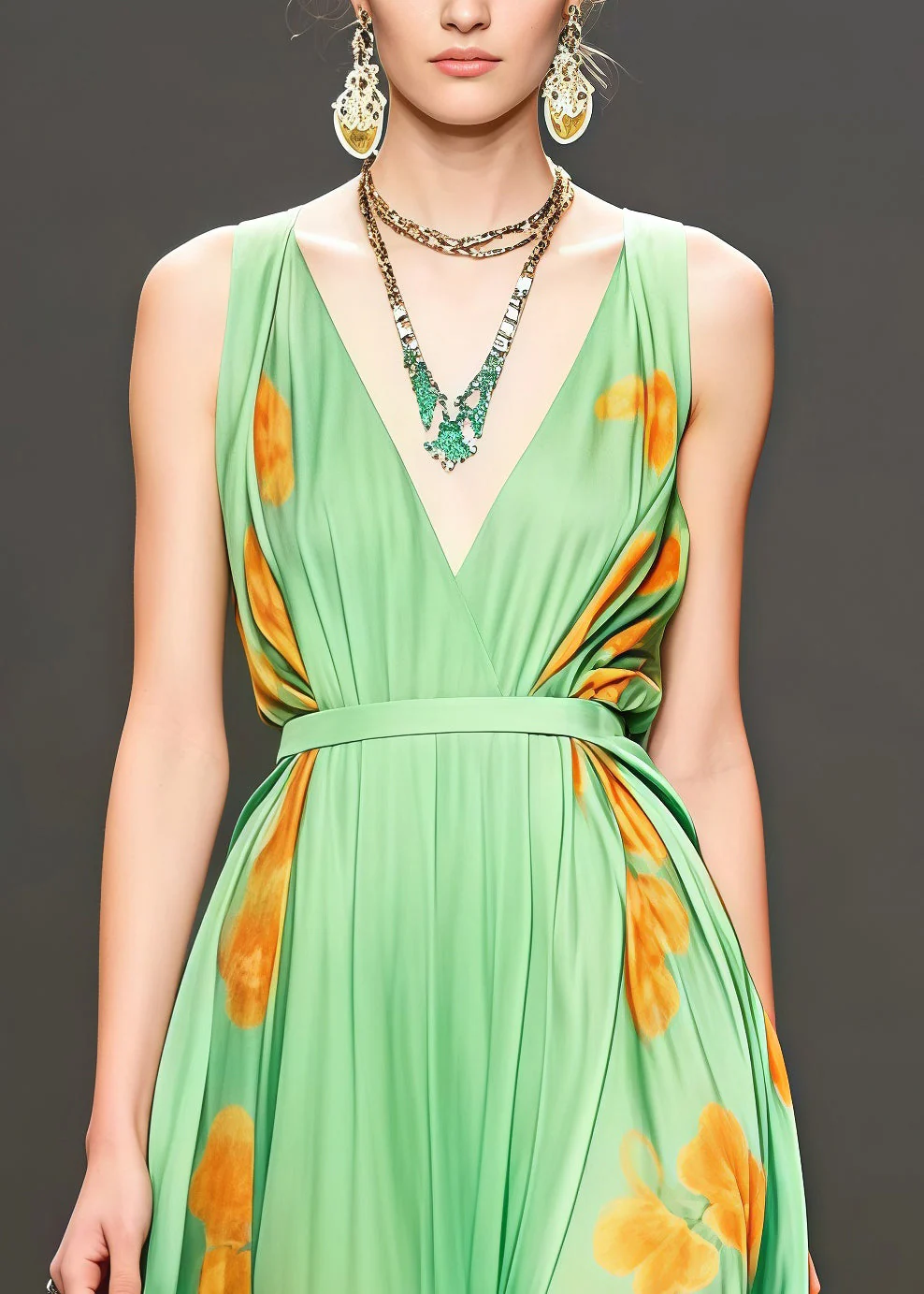 Grass Green Print Chiffon Vacation Dresses Exra Large Hem Summer - Image 2