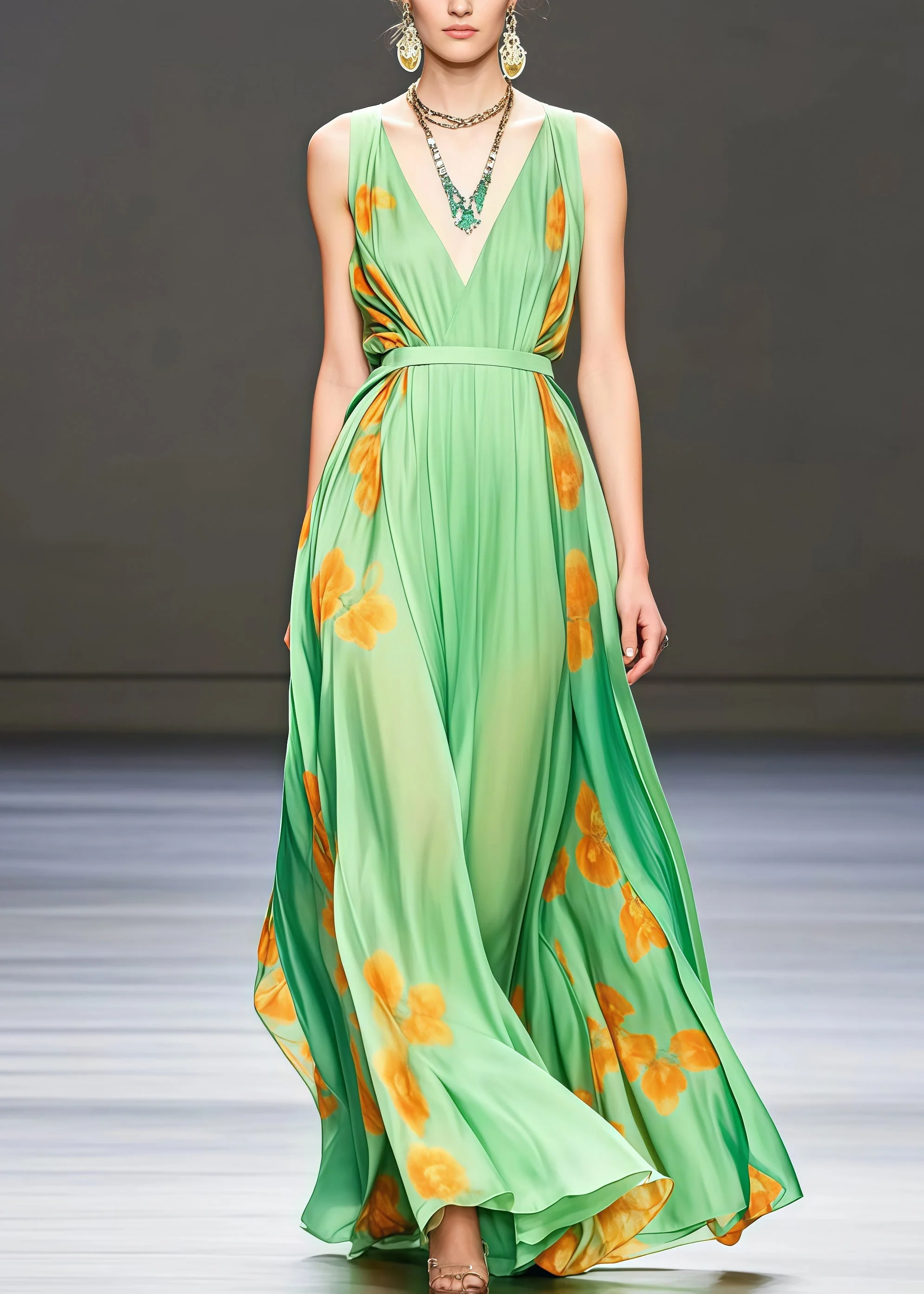 Grass Green Print Chiffon Vacation Dresses Exra Large Hem Summer - Image 3