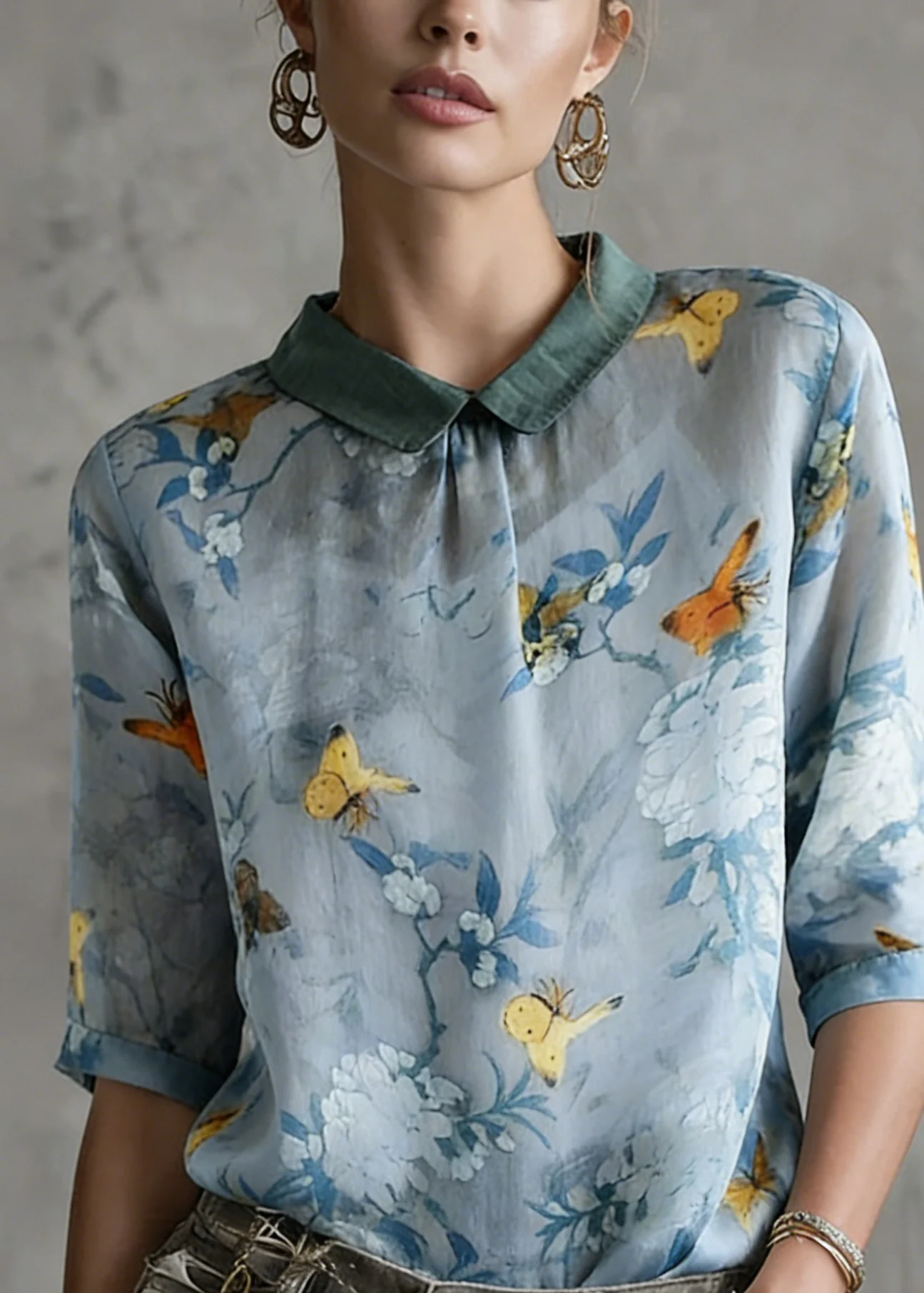 Grass Green Turn-down Collar Print Summer Shirt Half Sleeve - Image 2