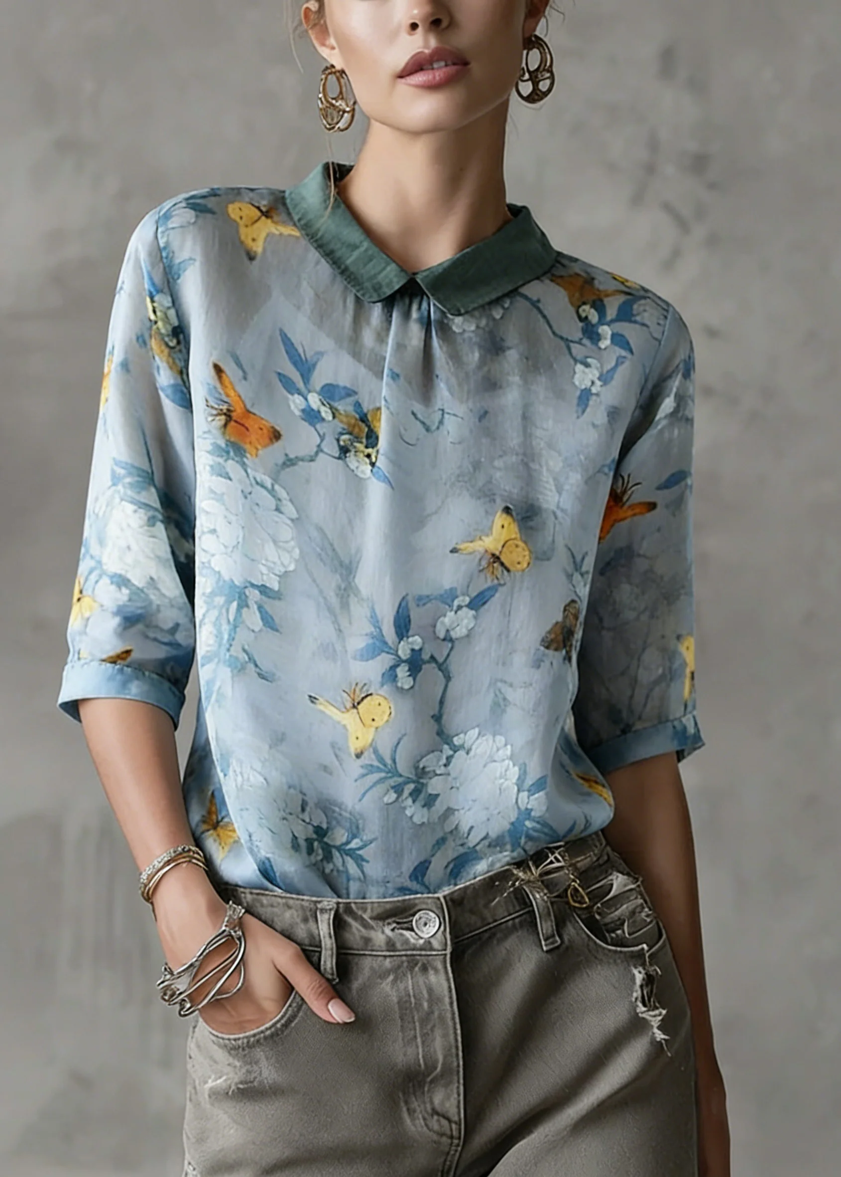 Grass Green Turn-down Collar Print Summer Shirt Half Sleeve - Image 3
