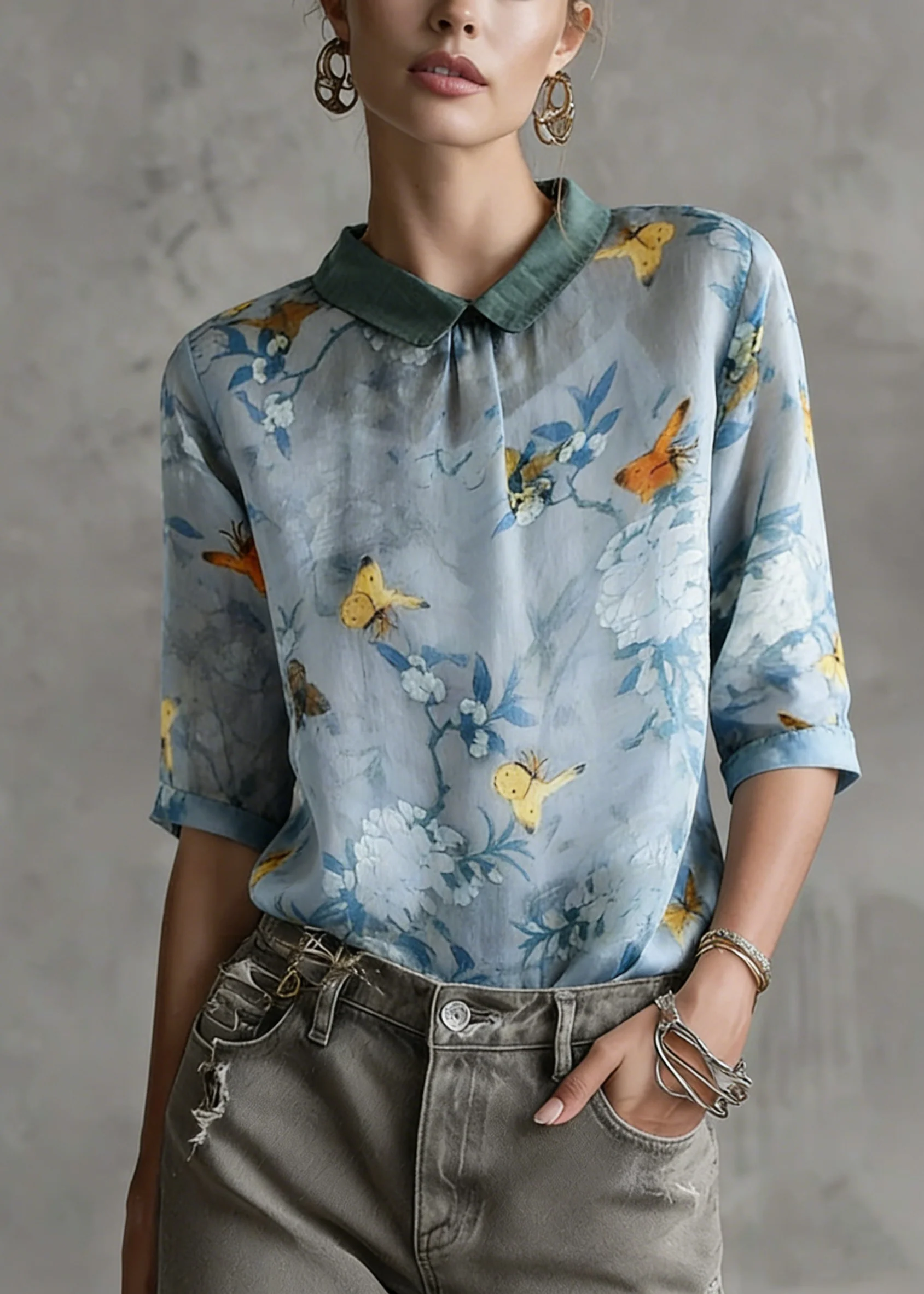 Grass Green Turn-down Collar Print Summer Shirt Half Sleeve - Image 5