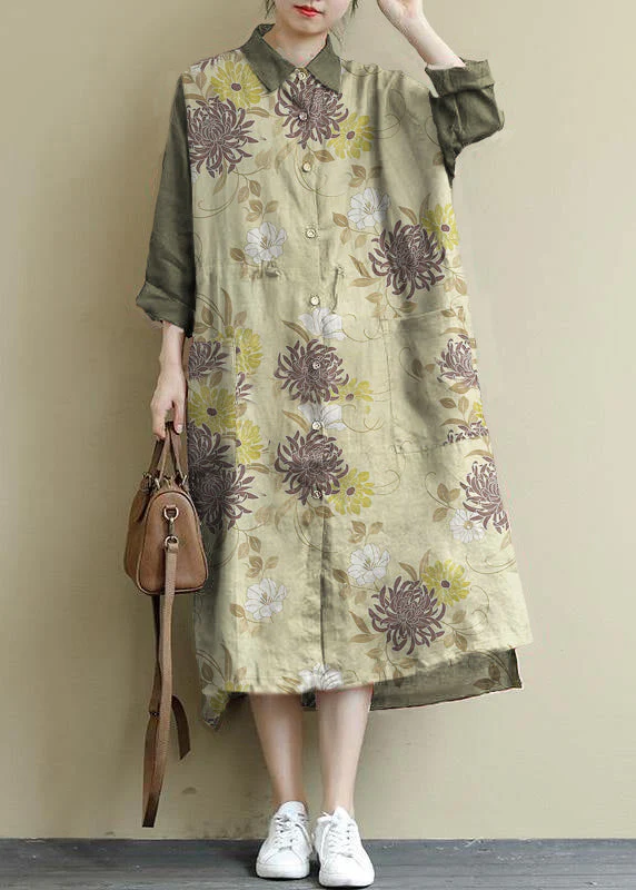 gray flower Linen Shirt Dress Casual Oversize Spring Maxi Dresses - Image 14