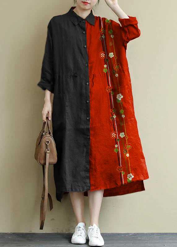 gray flower Linen Shirt Dress Casual Oversize Spring Maxi Dresses - Image 2