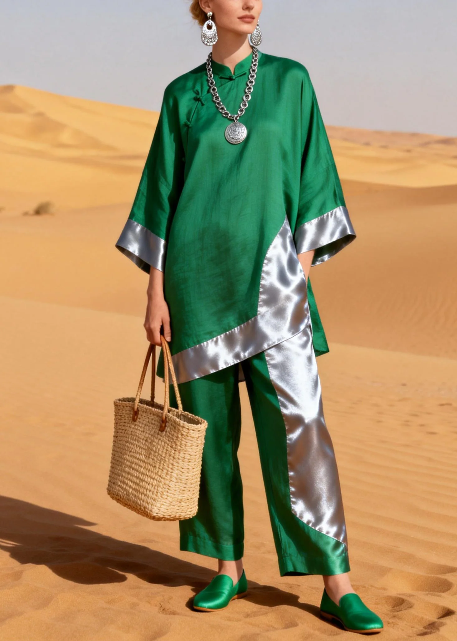Green Asymmetrical Chinese Button Silk Patchwork Two Pieces Set Stand Collar - Image 5