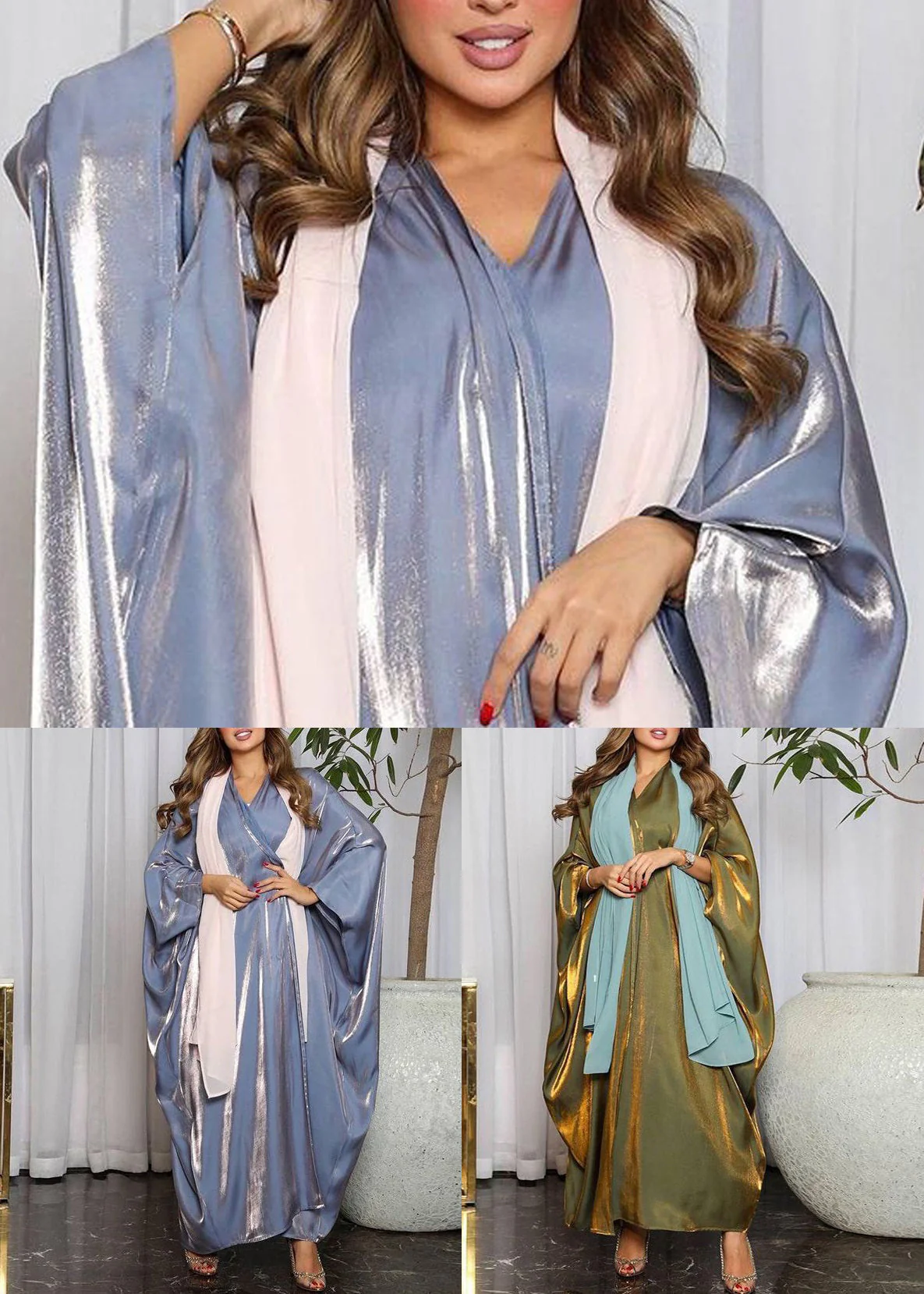 Green Bright Silk Maxi Dresses V Neck Long Sleeve - Image 5