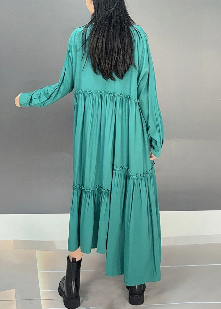 Green Button Cotton Fall Long Dresses Asymmetrical - Image 4