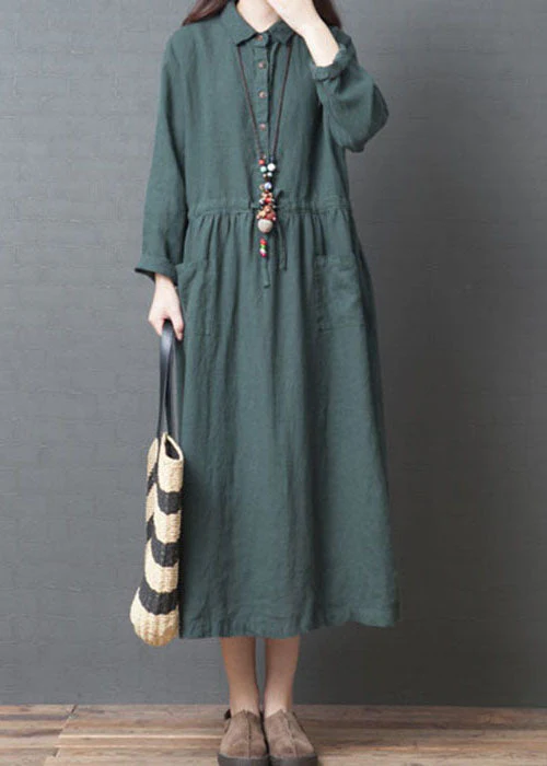 Green Button Dresses Peter Pan Collar Spring - Image 2