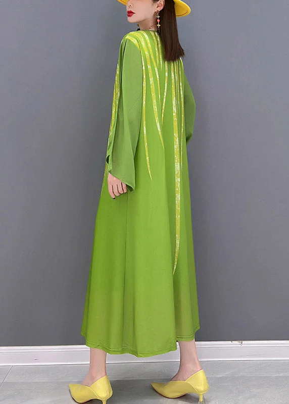 Green Chiffon vacation Dress Appliques Lace Up Long Sleeve - Image 4