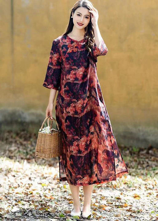 Green Chinese Button Patchwork Linen Long Dress O Neck Summer - Image 2