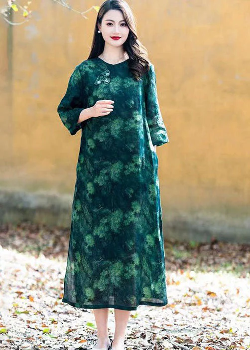 Green Chinese Button Patchwork Linen Long Dress O Neck Summer - Image 3