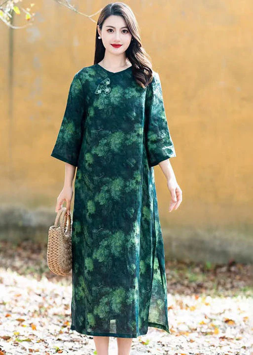 Green Chinese Button Patchwork Linen Long Dress O Neck Summer - Image 4