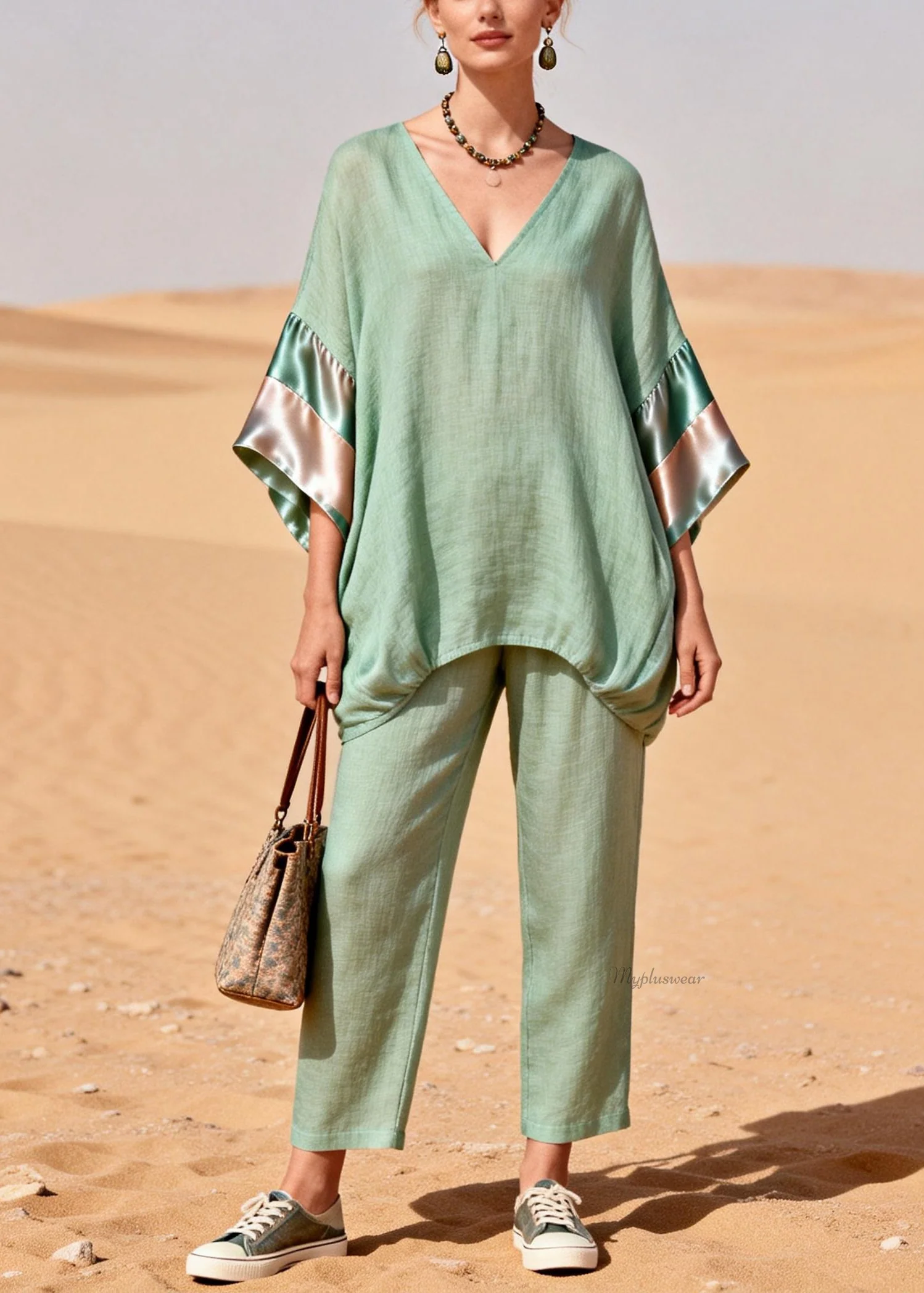 Green Cinched Silk Patchwork Linen Two Pieces Set V Neck Bracelet Sleeve - Image 5
