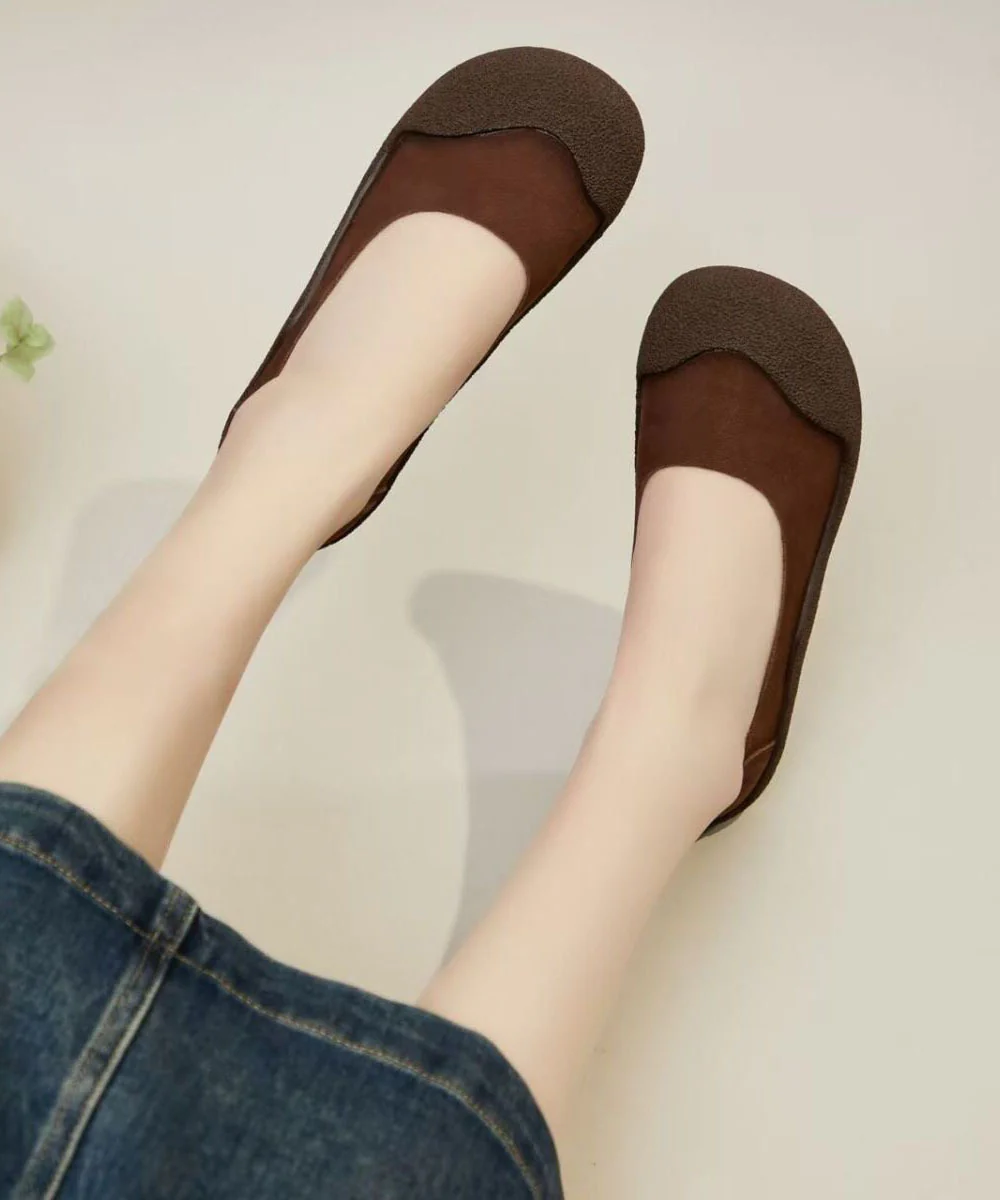 Green Cowhide Leather Women Comfy Splicing Flat Shoes - Image 3