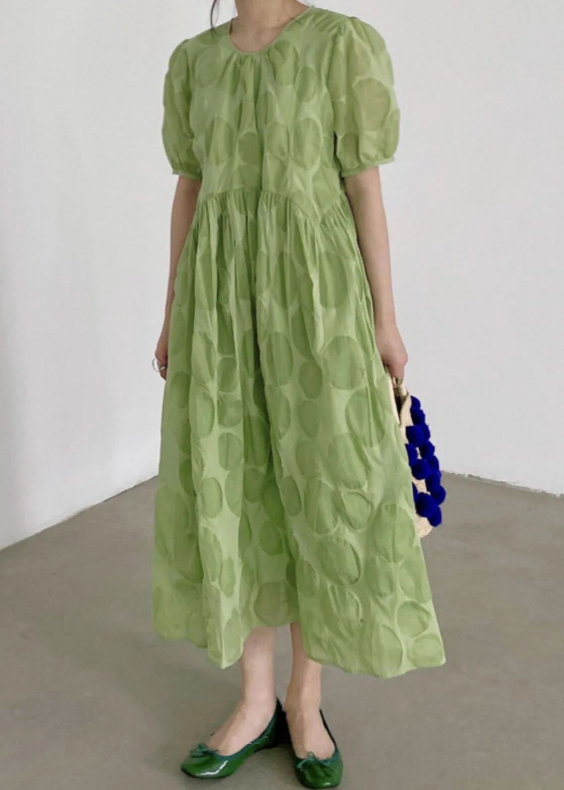 Green Dot High Waist Cotton Long Dresses O Neck Summer - Image 3