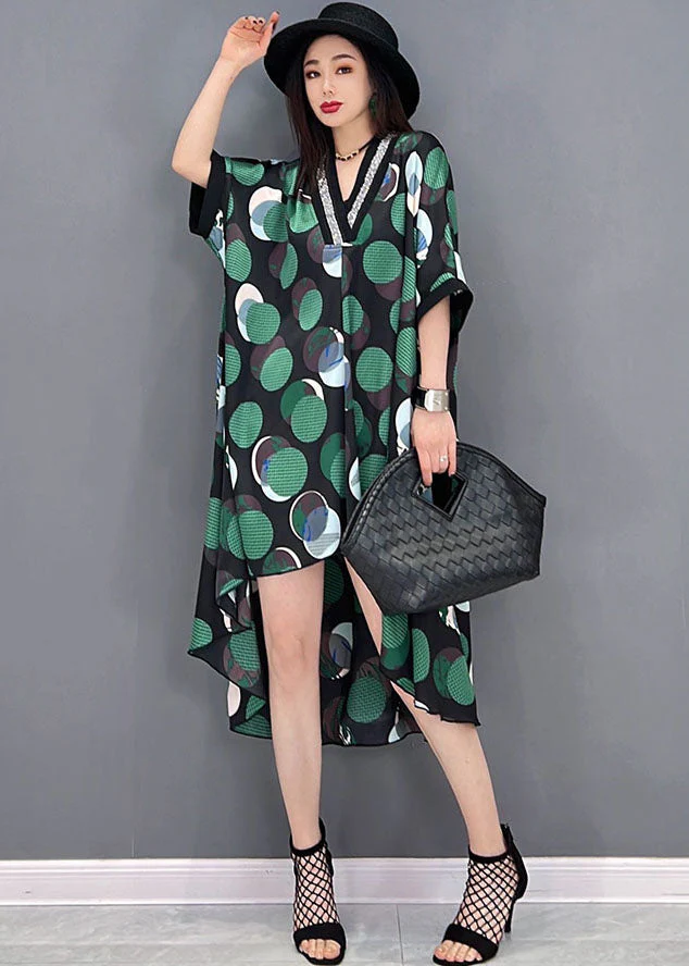 Green Dot Print Patchwork Chiffon Long Dresses Low High Design Short Sleeve - Image 2