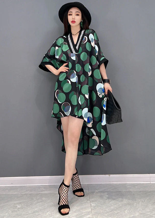 Green Dot Print Patchwork Chiffon Long Dresses Low High Design Short Sleeve - Image 3
