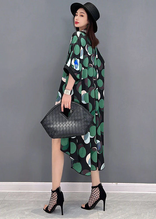 Green Dot Print Patchwork Chiffon Long Dresses Low High Design Short Sleeve - Image 4