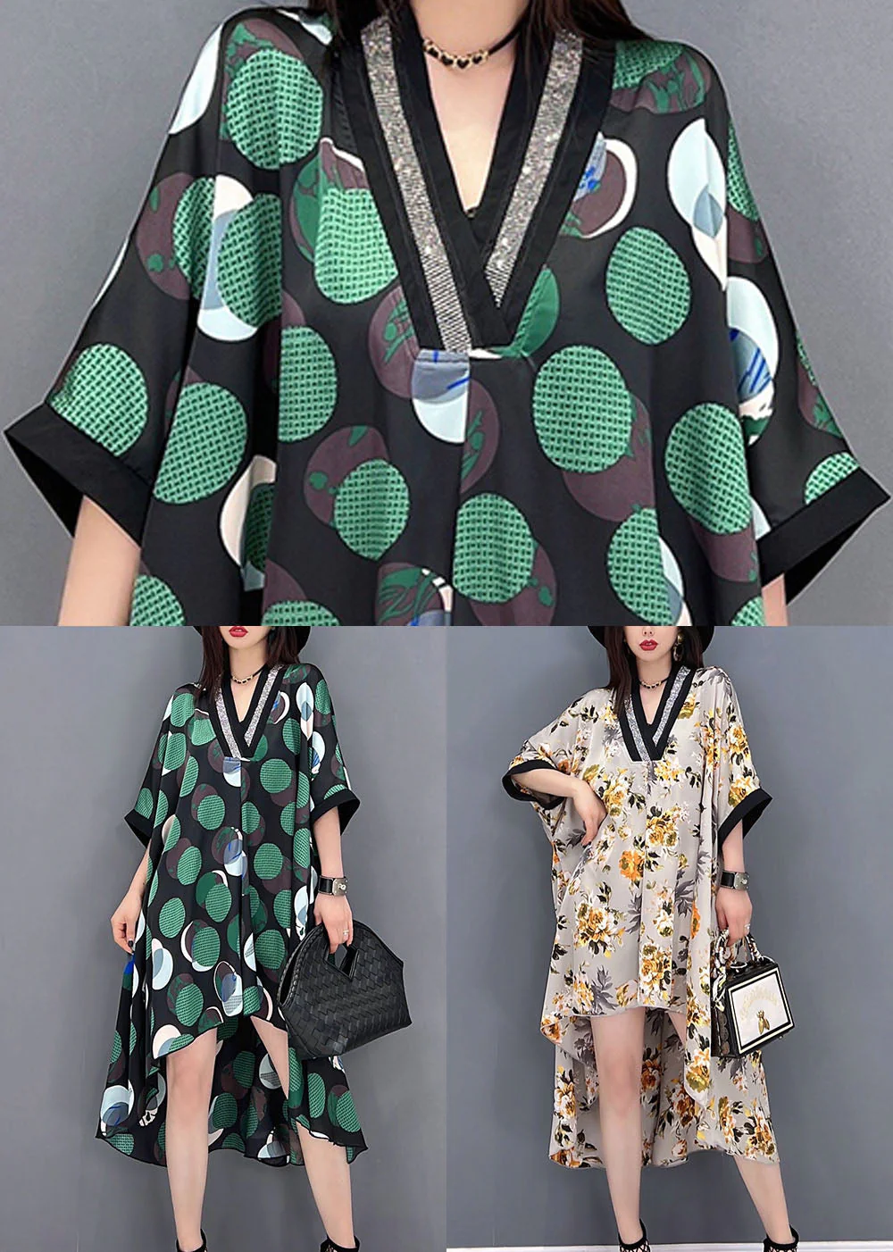Green Dot Print Patchwork Chiffon Long Dresses Low High Design Short Sleeve - Image 5