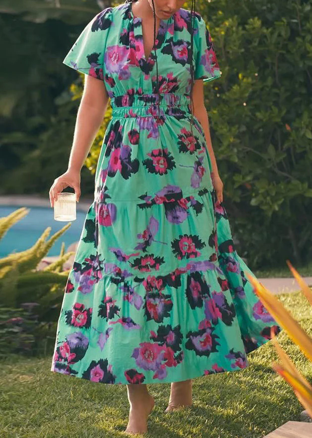 Green Elastic Waist Cotton Summer Long Dresses V Neck - Image 2
