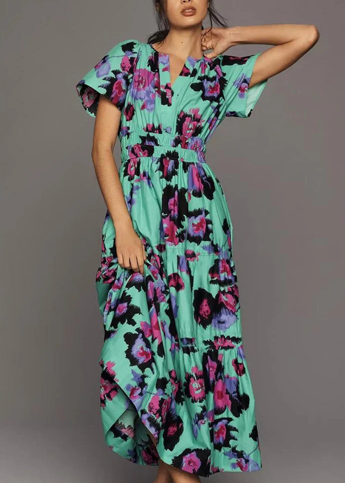 Green Elastic Waist Cotton Summer Long Dresses V Neck - Image 3