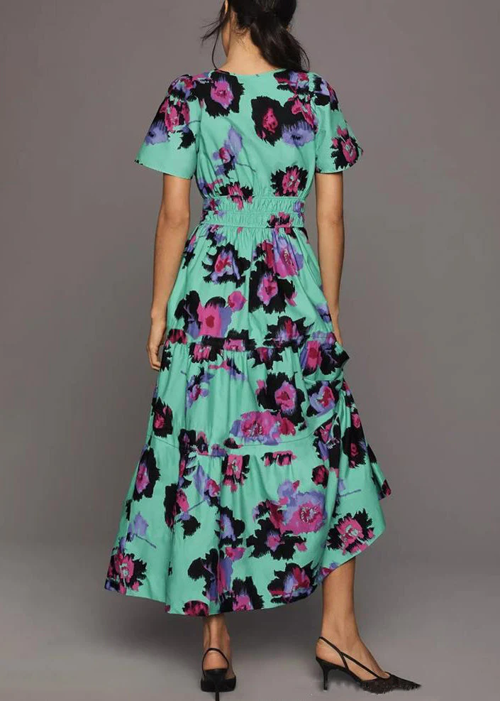 Green Elastic Waist Cotton Summer Long Dresses V Neck - Image 4