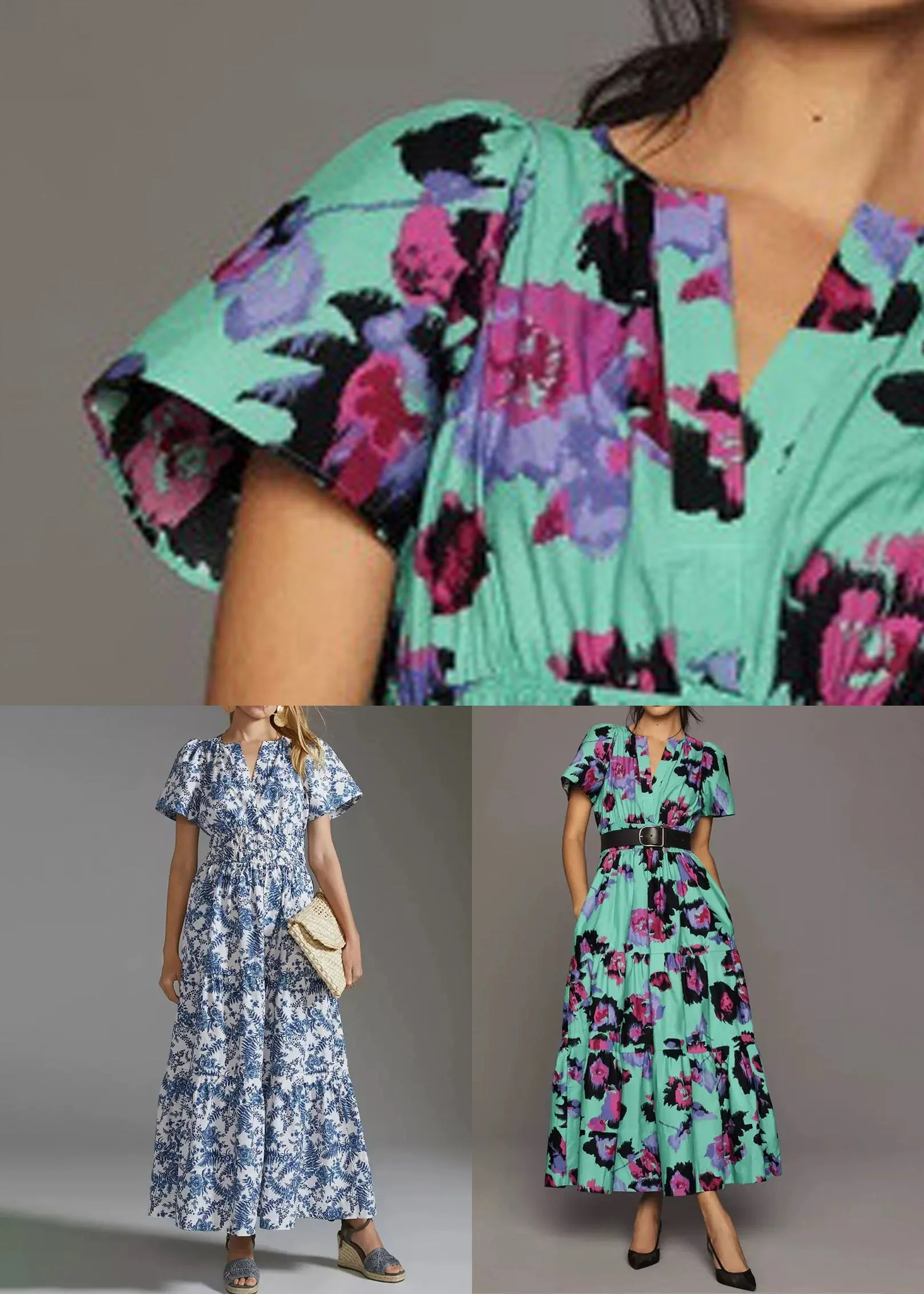 Green Elastic Waist Cotton Summer Long Dresses V Neck - Image 5
