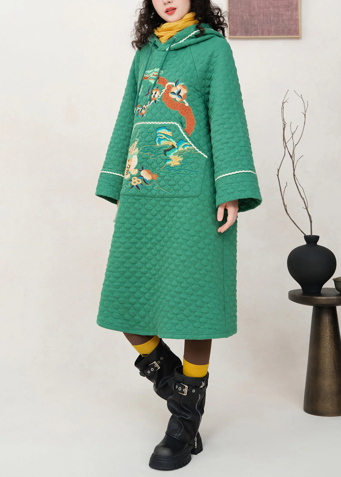 Green Embroidered Pockets Cotton Filled Sweatshirt Dress Hooded - Image 4