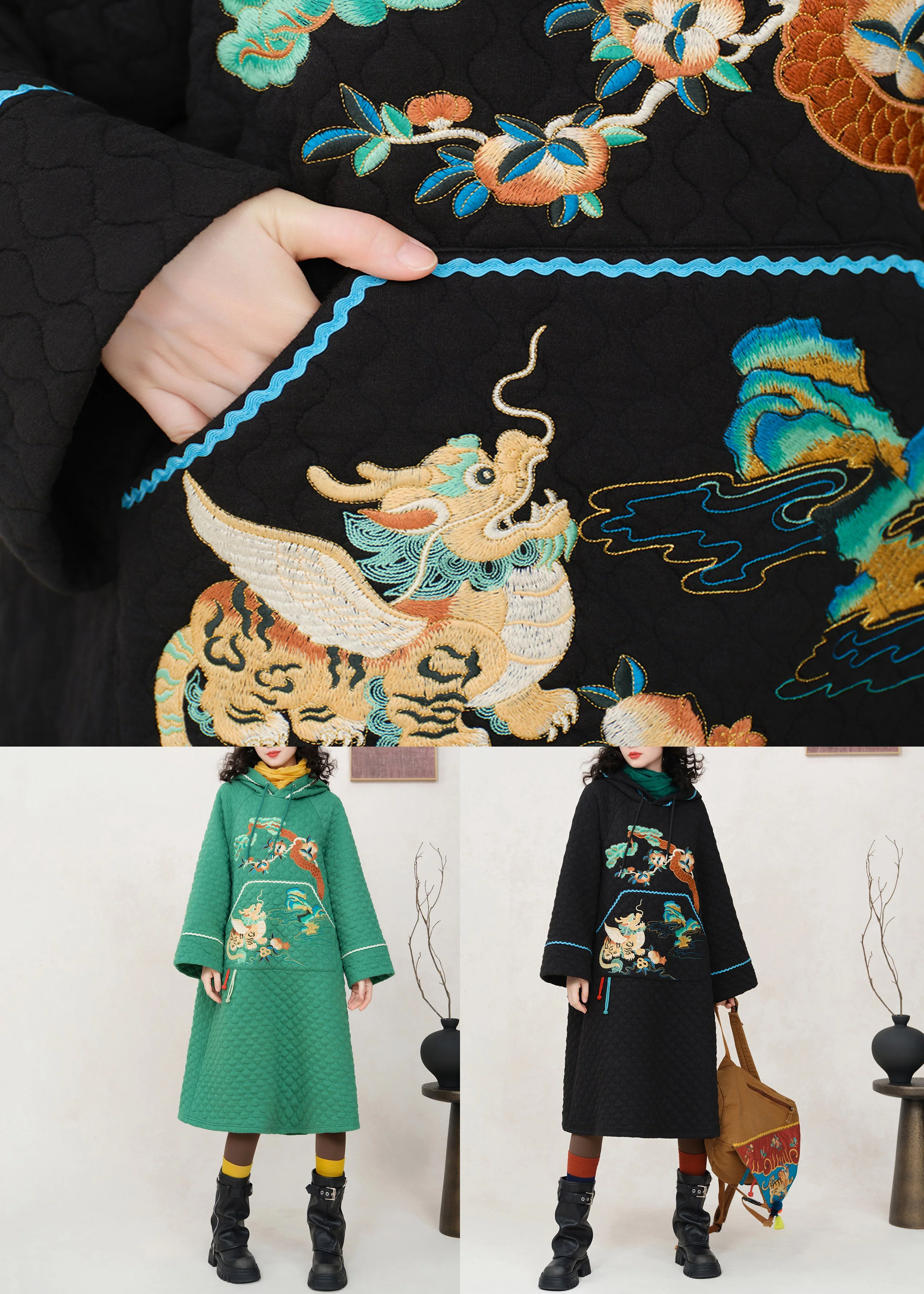 Green Embroidered Pockets Cotton Filled Sweatshirt Dress Hooded - Image 5
