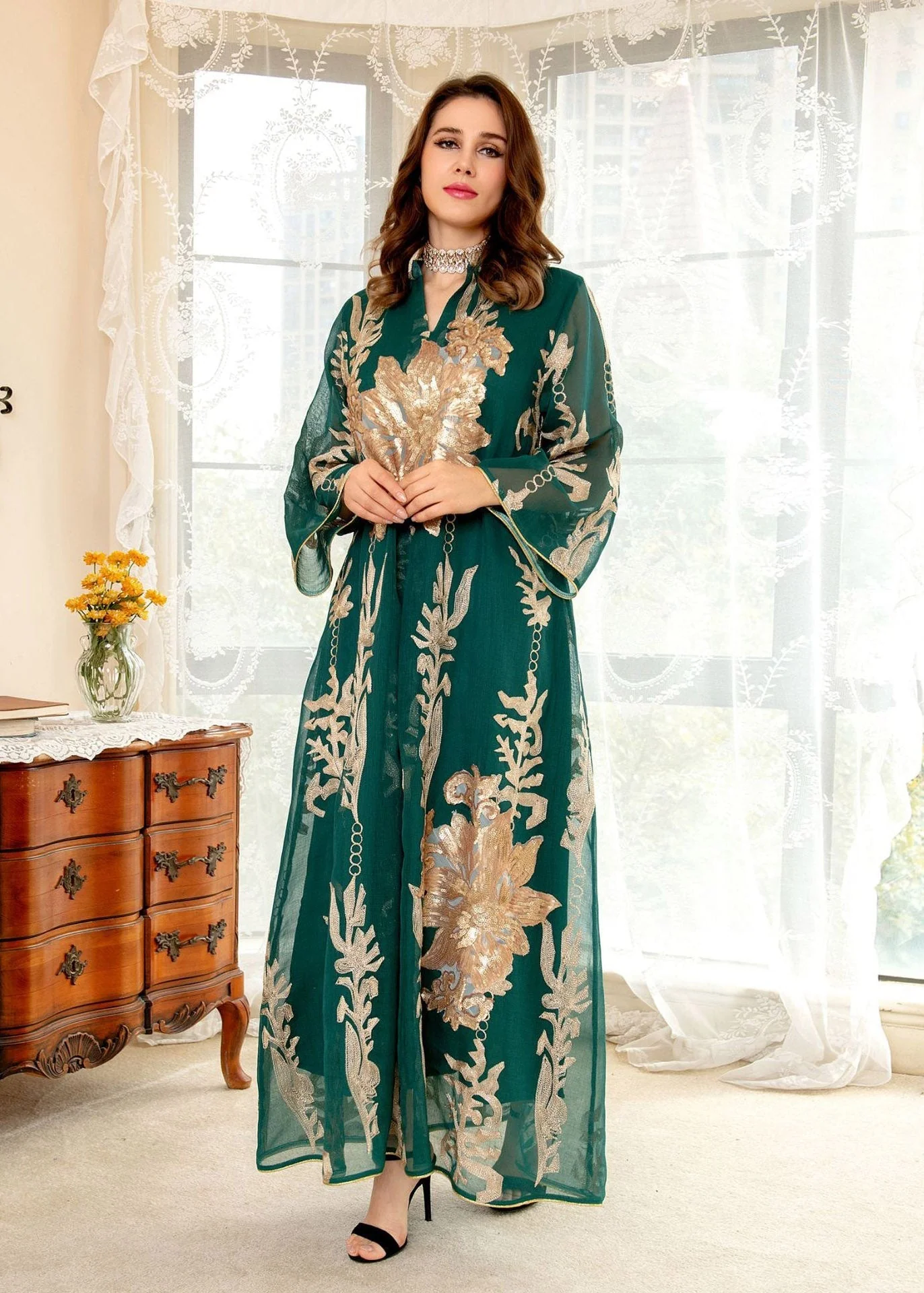 Green Embroideried Floral Sequins Tulle Long Dress Fall - Image 2