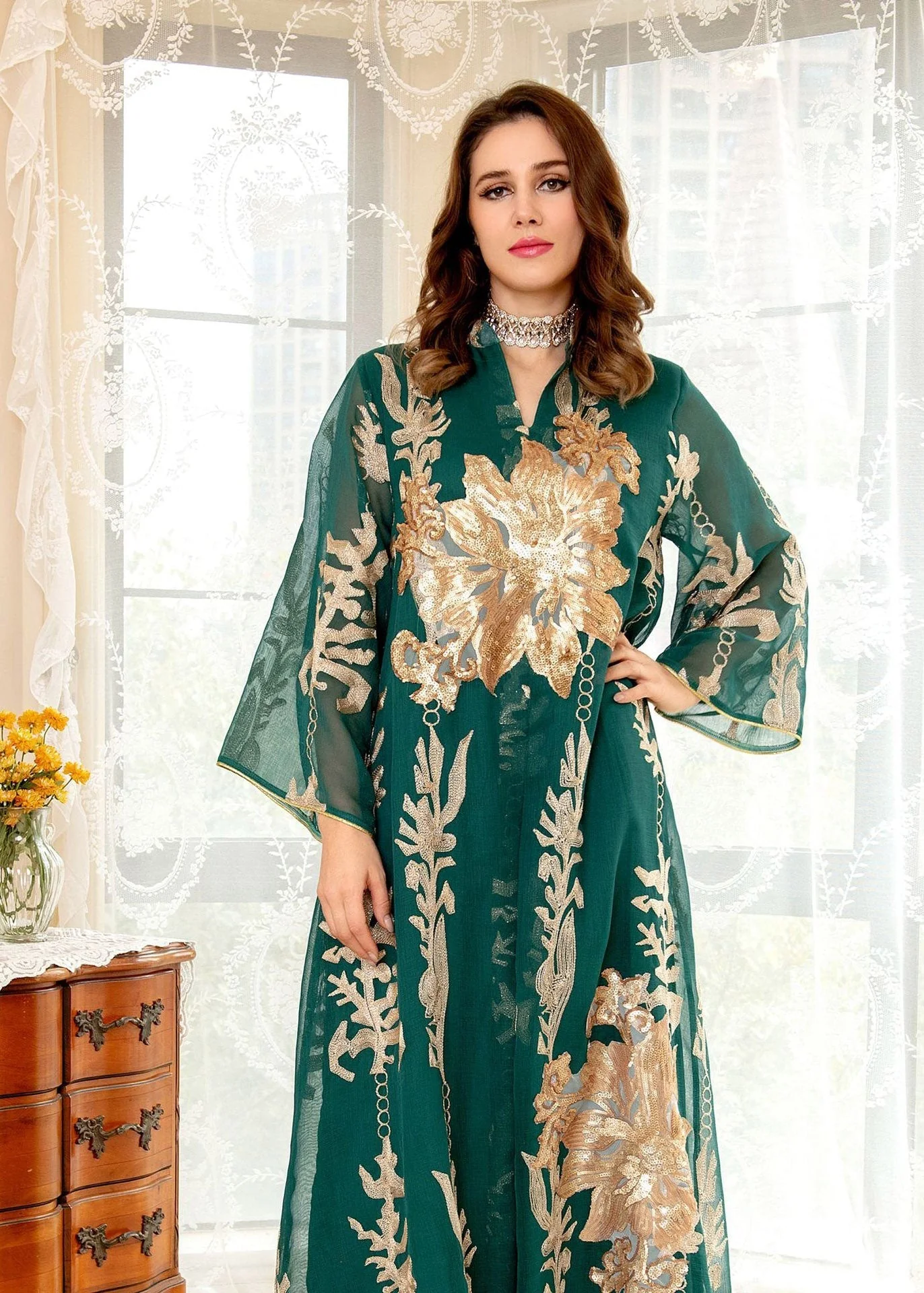 Green Embroideried Floral Sequins Tulle Long Dress Fall - Image 3