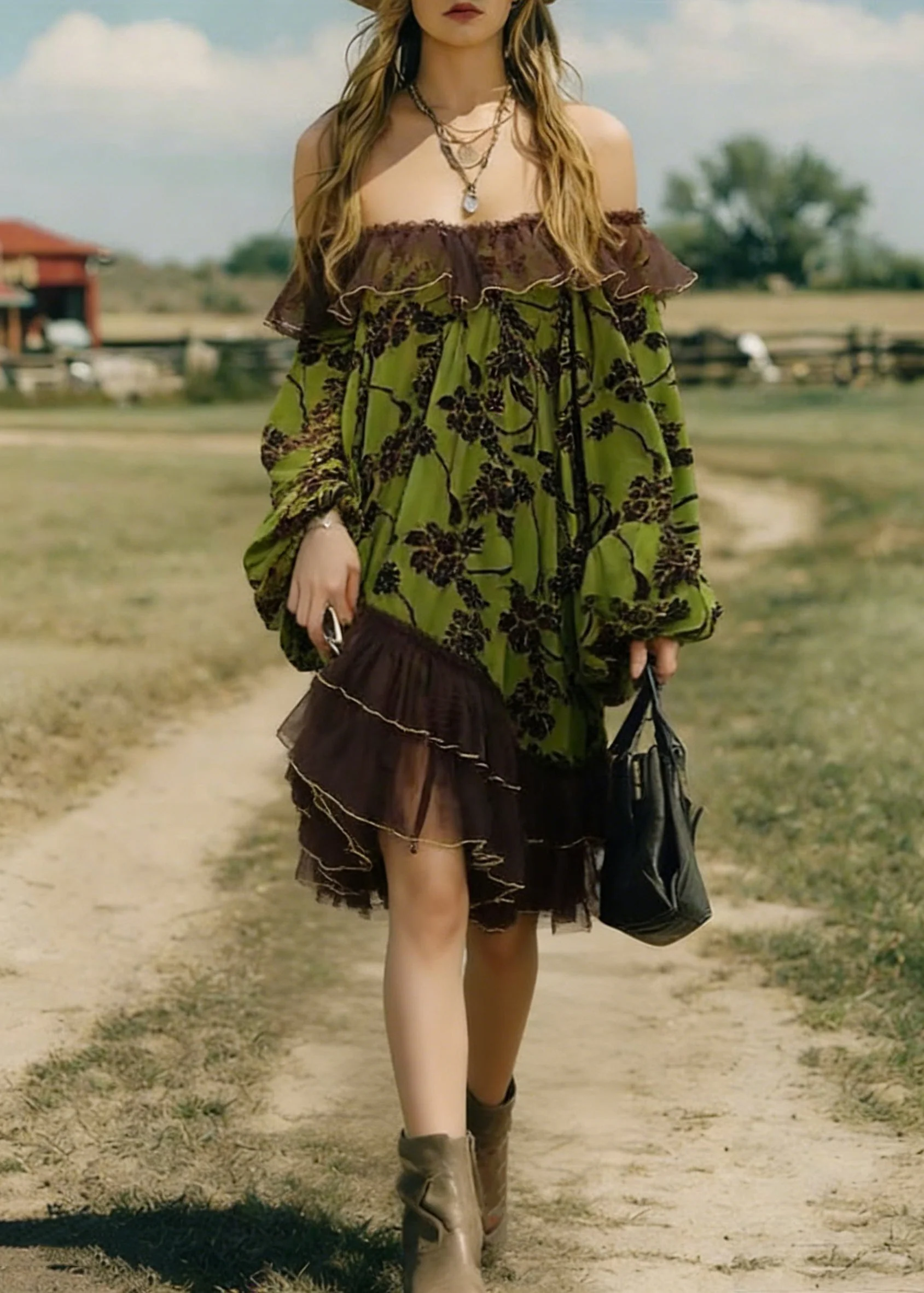 Green Flocking Print Tulle Patchwork Mid Dress Lantern Sleeve - Image 3